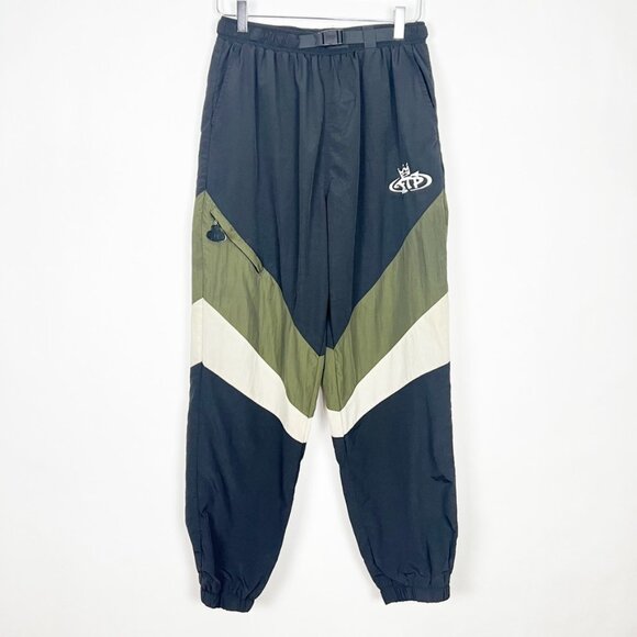 FTP Nation Track Pants Mens M Black Green Belted Nylon Joggers Y2K Streetwear - Picture 1 of 15